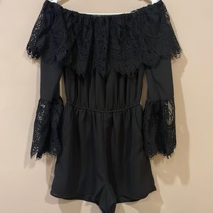 XS black lace off the shoulder romper